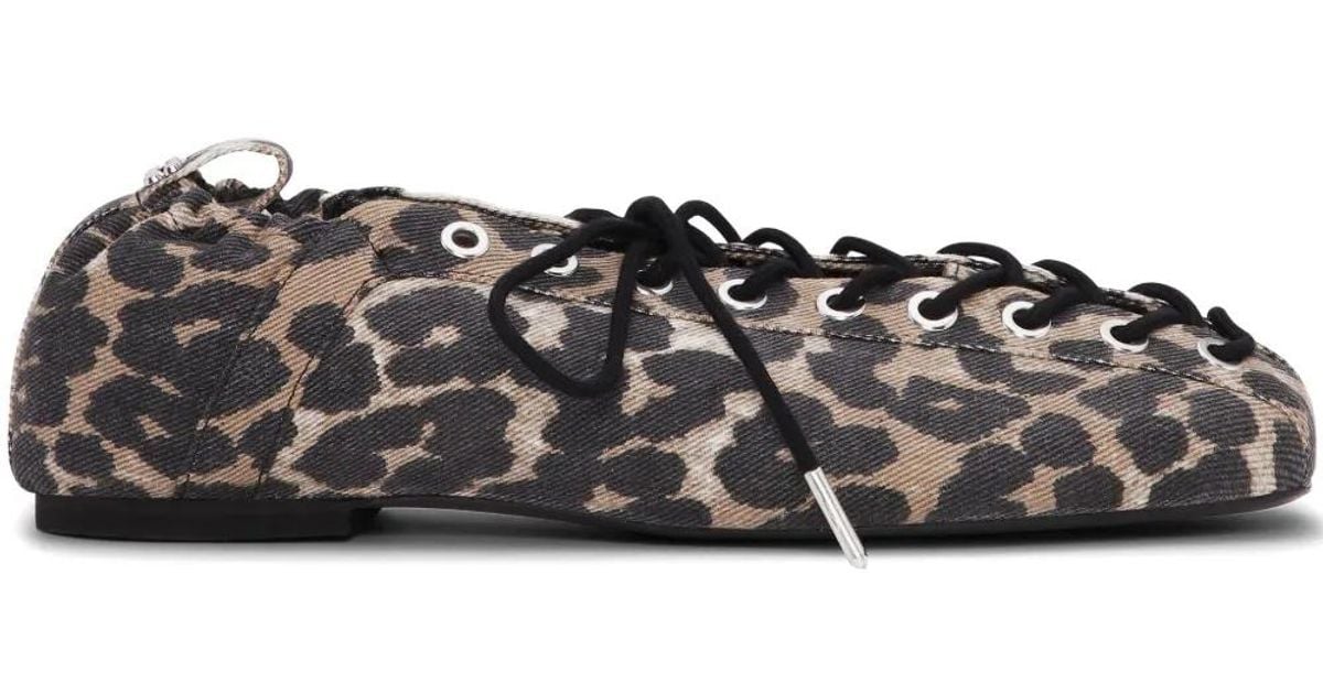 Ganni Leopard-Print Lace-Up Ballet Flats in Natural | Lyst
