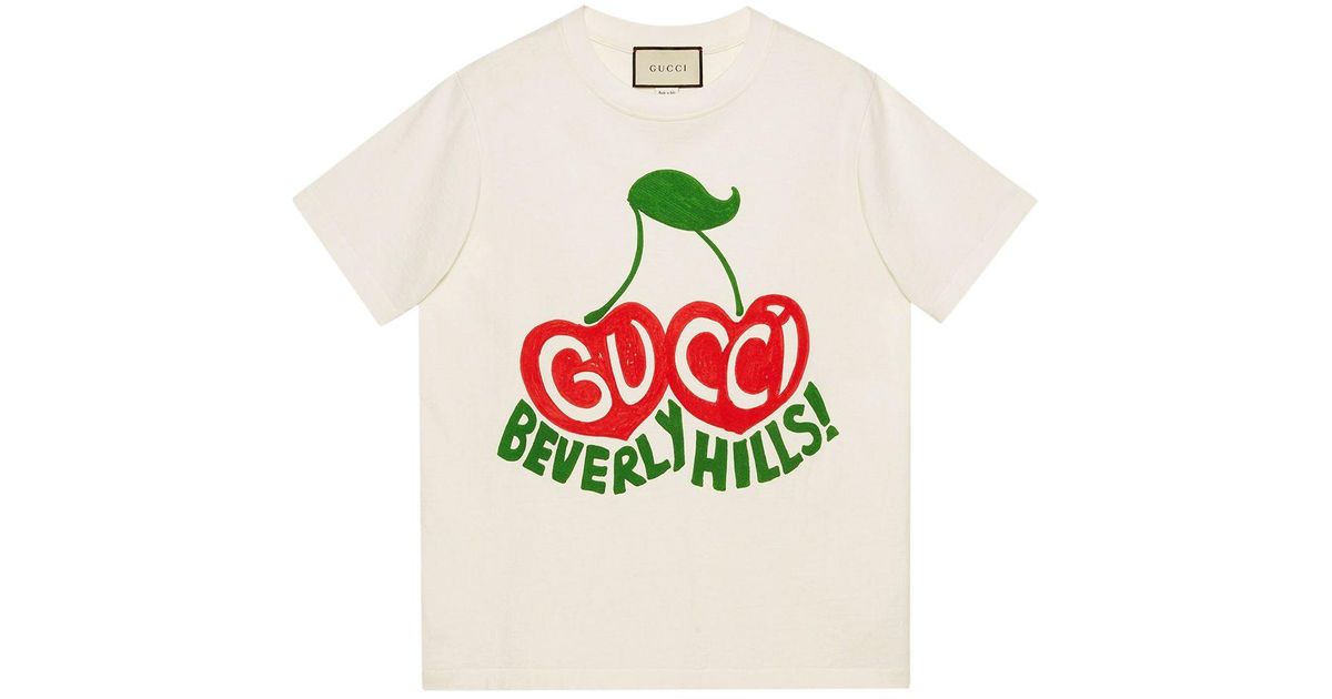 Gucci Cotton Beverly Hills Cherry-print T-shirt in White | Lyst UK