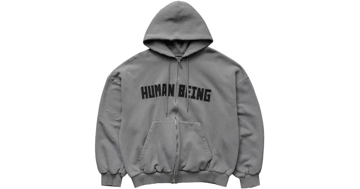 Balenciaga Human Being Appliqué Shifted Zip-Up Hoodie in Grey