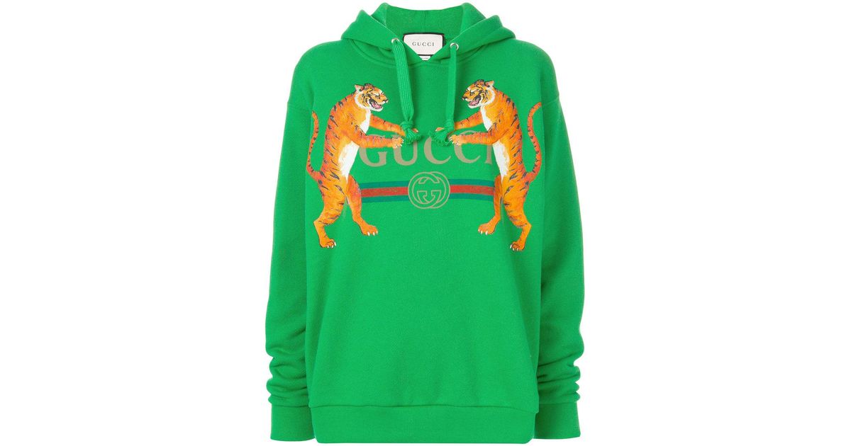 Sudadera con capucha y logo y tigre estampado Gucci de Algodón de color  Verde | Lyst