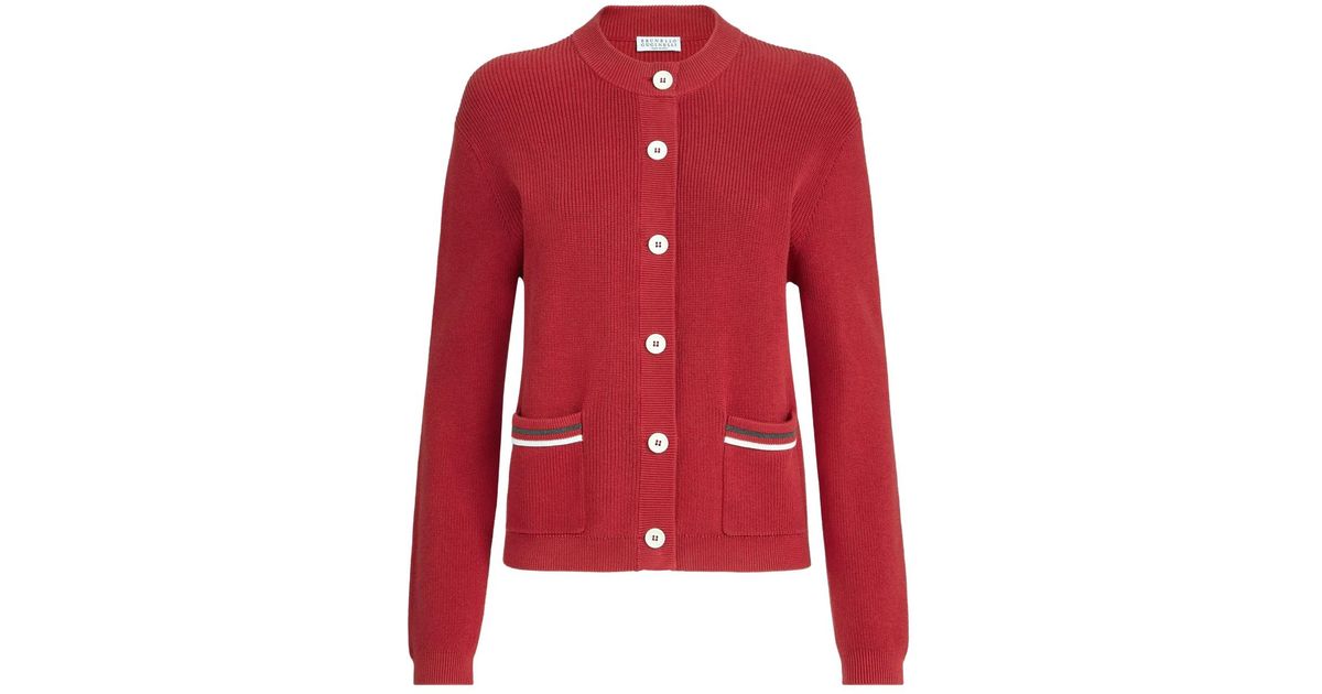 Brunello Cucinelli リブポケット カーディガン レッド | Lyst