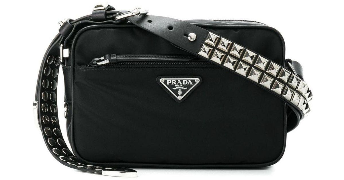 Prada Black Studded Strap Textile Shoulder Bag Lyst Canada