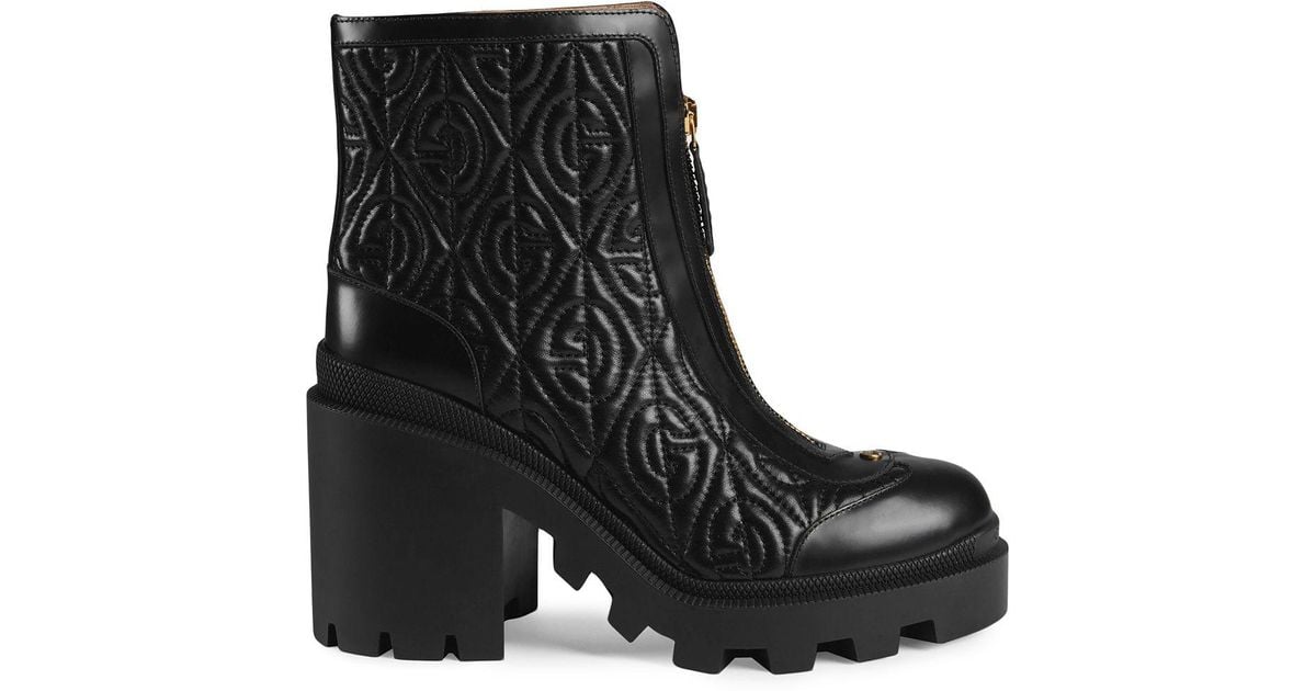 Gucci G Rhombus Leather Mid heel Ankle Boot in Black Lyst