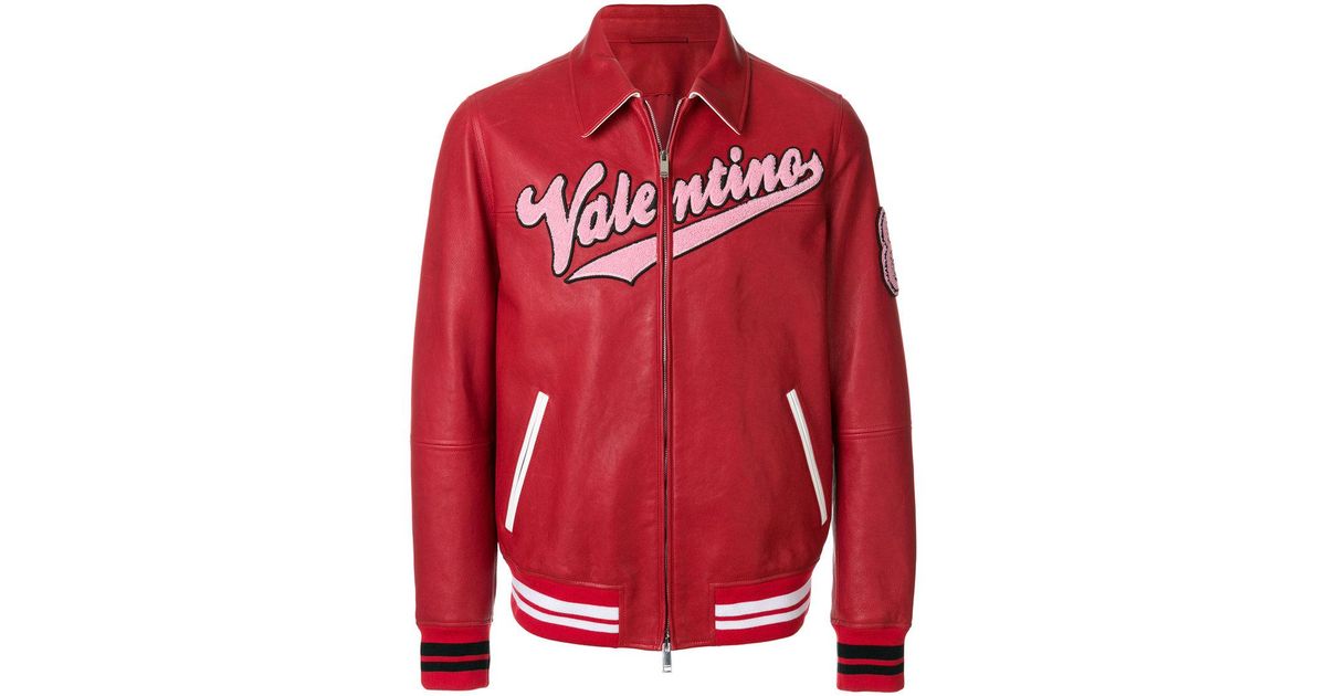 Valentino Logo-appliquéd Leather Varsity Jacket in Red for Men | Lyst