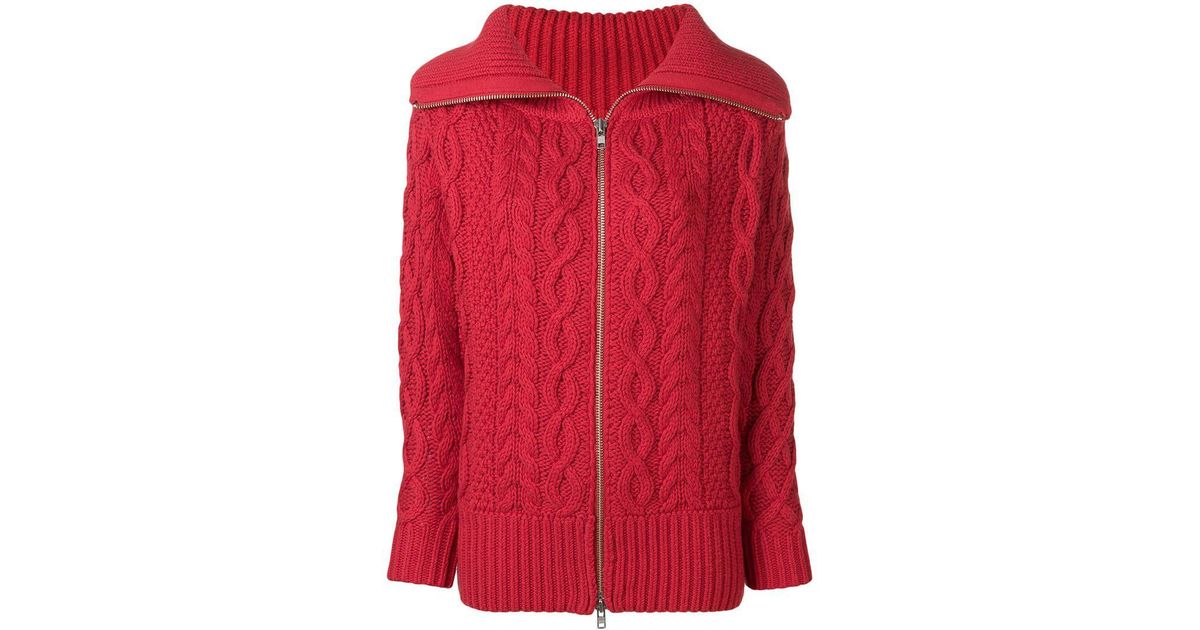 SelfPortrait Cotton Cableknit Cardigan in Red Lyst