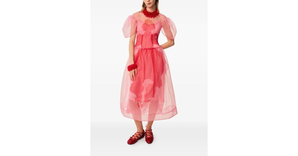 Simone Rocha Puff-Sleeve Sculpted-Corset Midi Dress in Pink | Lyst UK