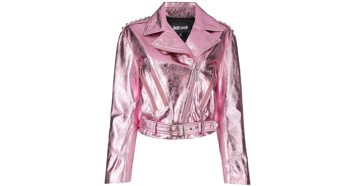 Just Cavalli Metallic Cropped Biker Jacket in Pink Lyst Australia