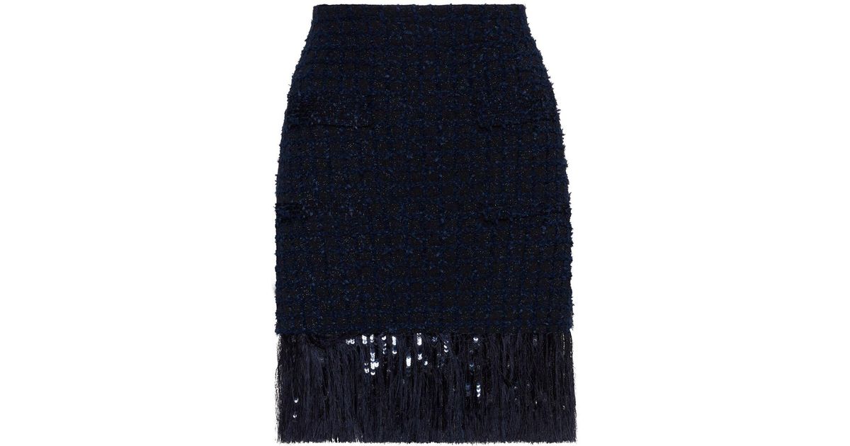 Oscar de la Renta Tweed Sequin Fringe Skirt in Blue | Lyst