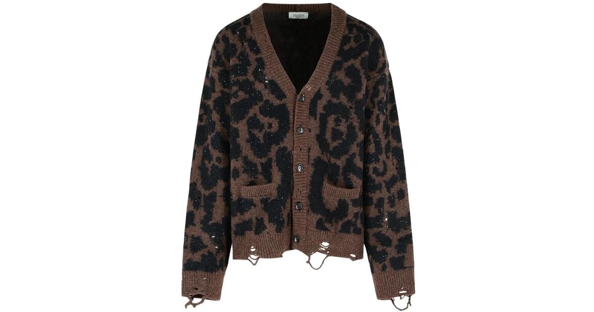 Laneus Leopard-Pattern Cardigan in Black for Men | Lyst