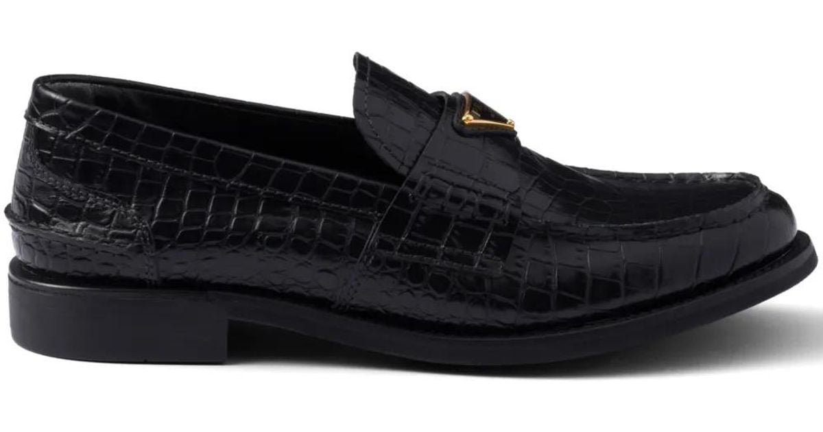 New Prada Black Leather Men’s Driving Shoes with Croc-Embossed Leather Detail PRADA Saffiano Leather CROC Driving Loafer Shoes 2DD151  main image 3