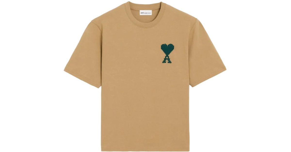 Ami Paris Ami De Coeur Logo-Embroidered T-Shirt in Natural | Lyst