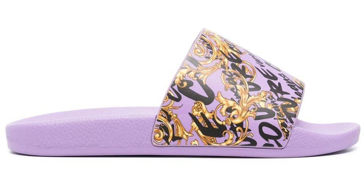 Versace Jeans Couture Denim Logo Script Sliders in Purple | Lyst