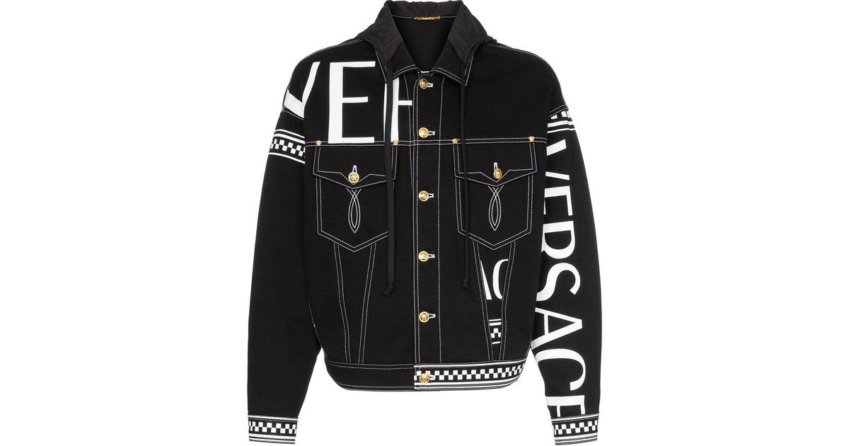 Versace Logo Check Print Denim Jacket in Black for Men - Save 57% - Lyst