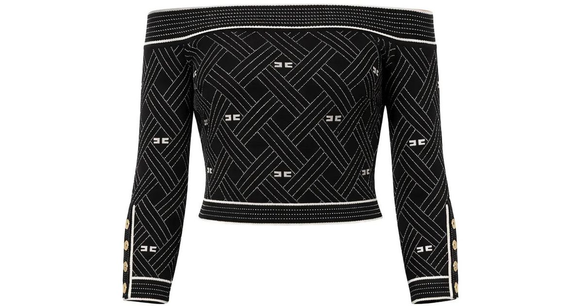Elisabetta Franchi Off-The-Shoulder Buttoned Top in Black | Lyst