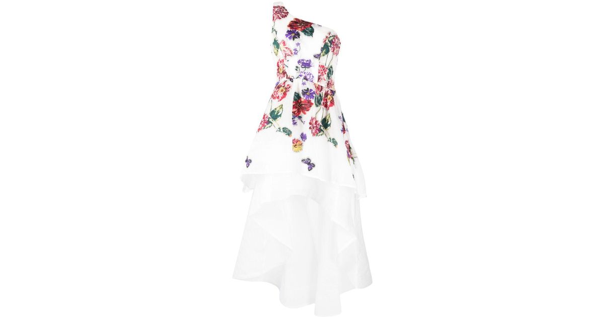 Marchesa notte Floral-embroidered One-shoulder Tiered Dress in White | Lyst