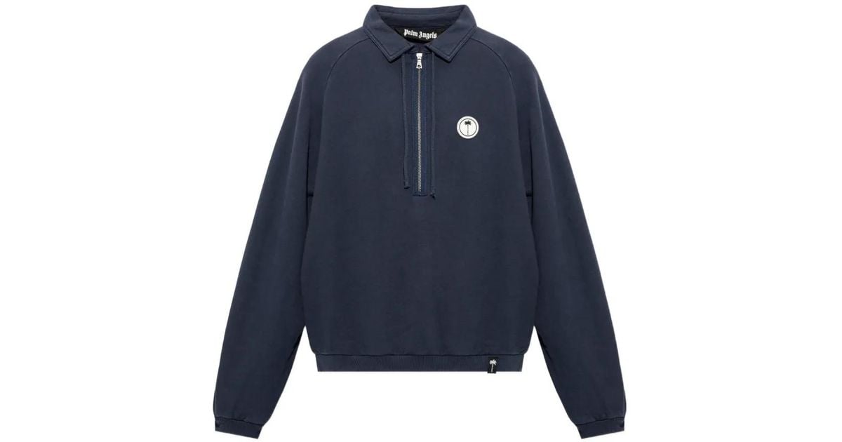 Palm Angels Palm Shadow Zipped Crew Polo Shirt in Blue for Men | Lyst
