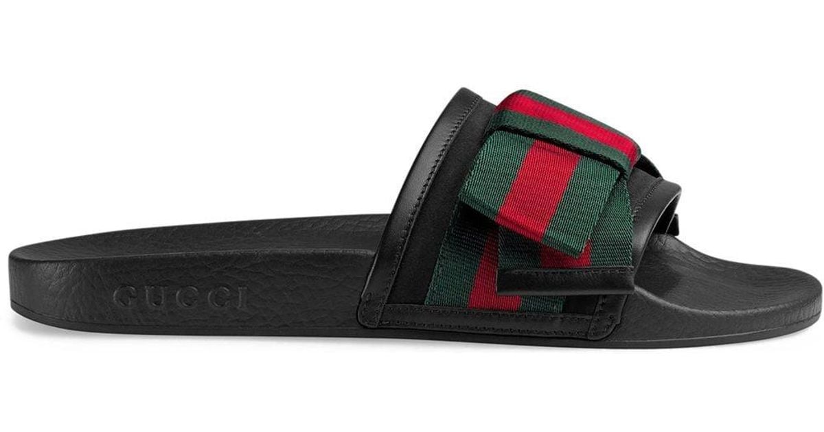 Gucci Satin Black Pursuit Cotton And Leather Ribbon Bow Flat Slides - Lyst