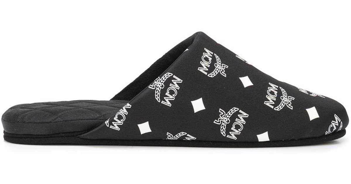 MCM Monogram Silk Satin Slippers in Black - Lyst