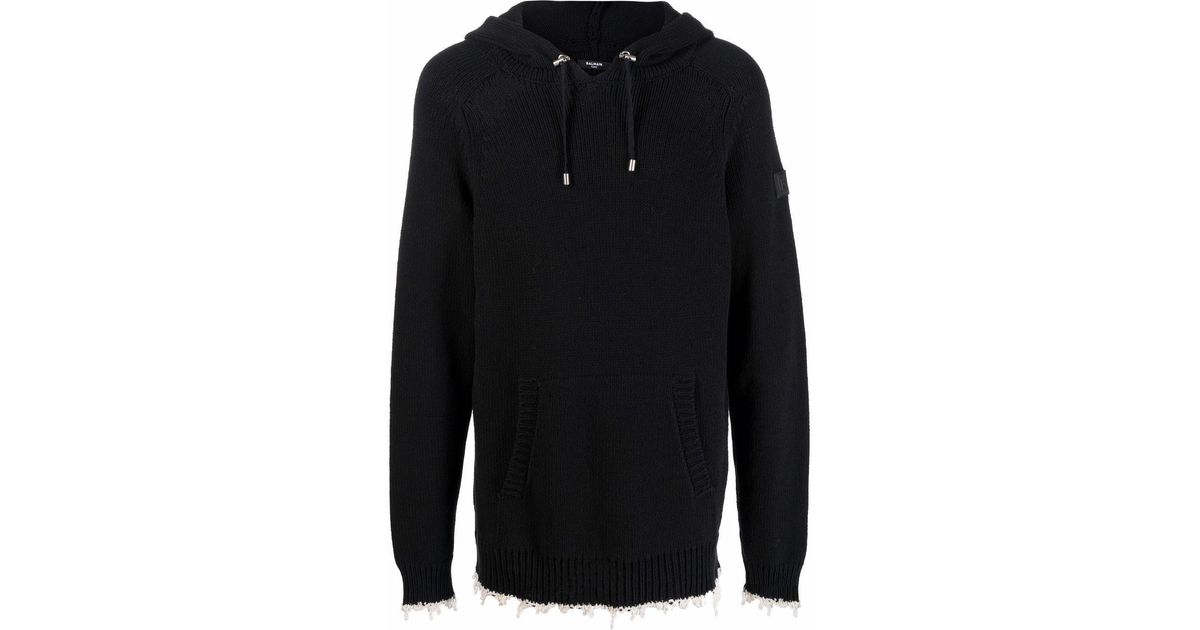 gym and workout clothes Hoodies BALMAIN EYEWEAR Crochet-trimmed Hooded Jumper in Black for Men Mens Clothing Activewear 