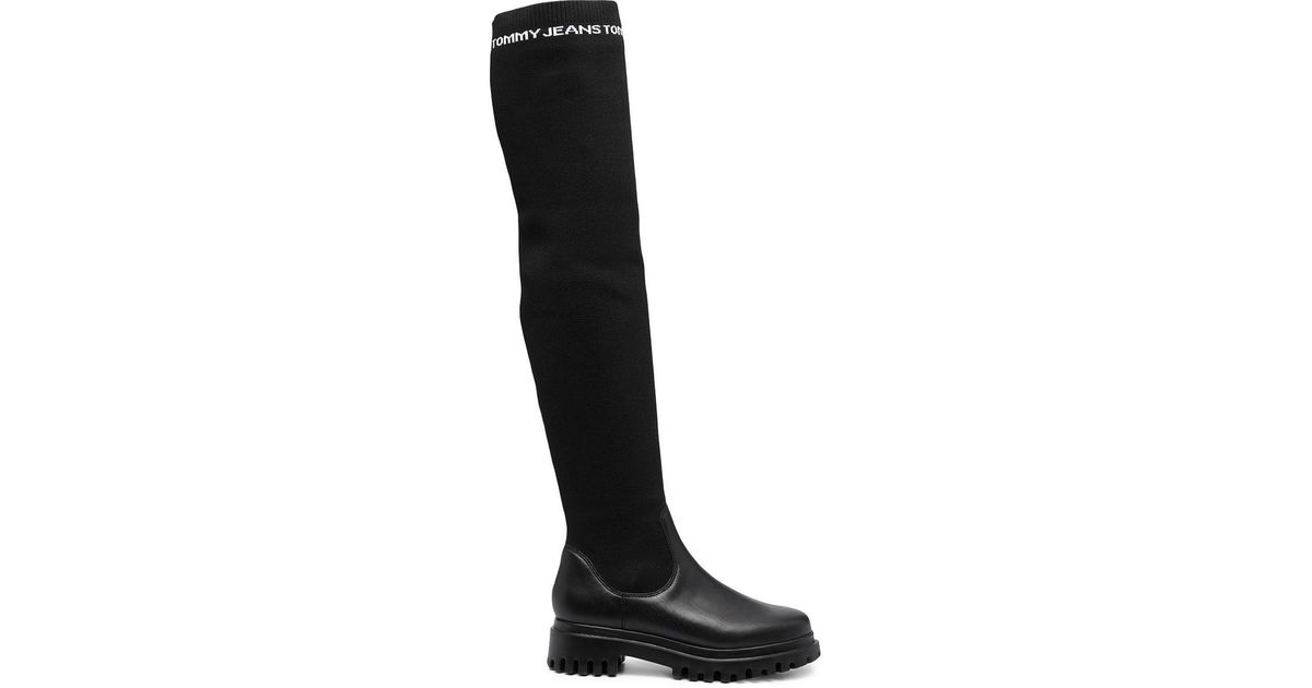 Tommy Hilfiger Leather Repeat Logo Over-the-knee Boots in Black | Lyst