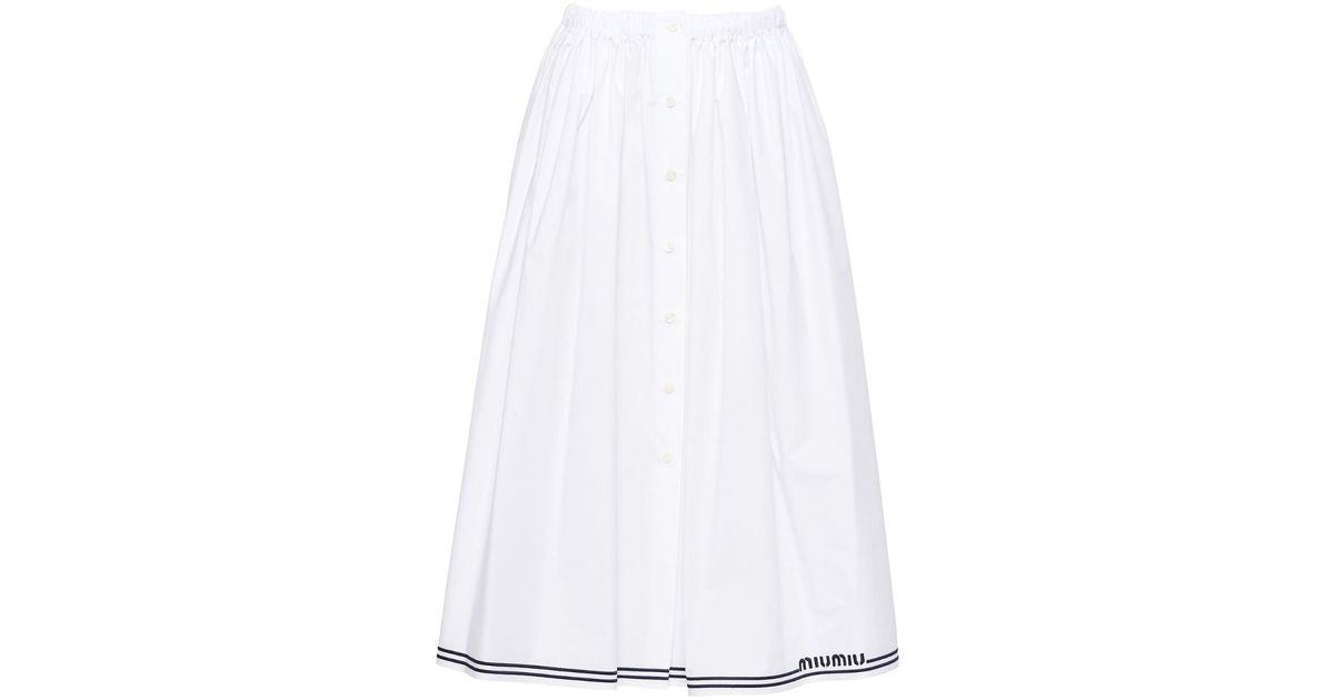 Miu Miu Poplin Pleated Midi Skirt in White | Lyst