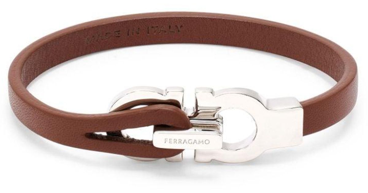 Ferragamo Brown Gancini Leather Bracelet for men