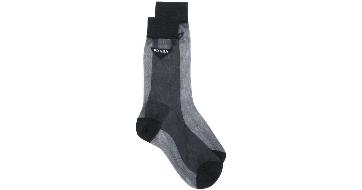 Prada Cotton Sheer Logo Socks in Black 