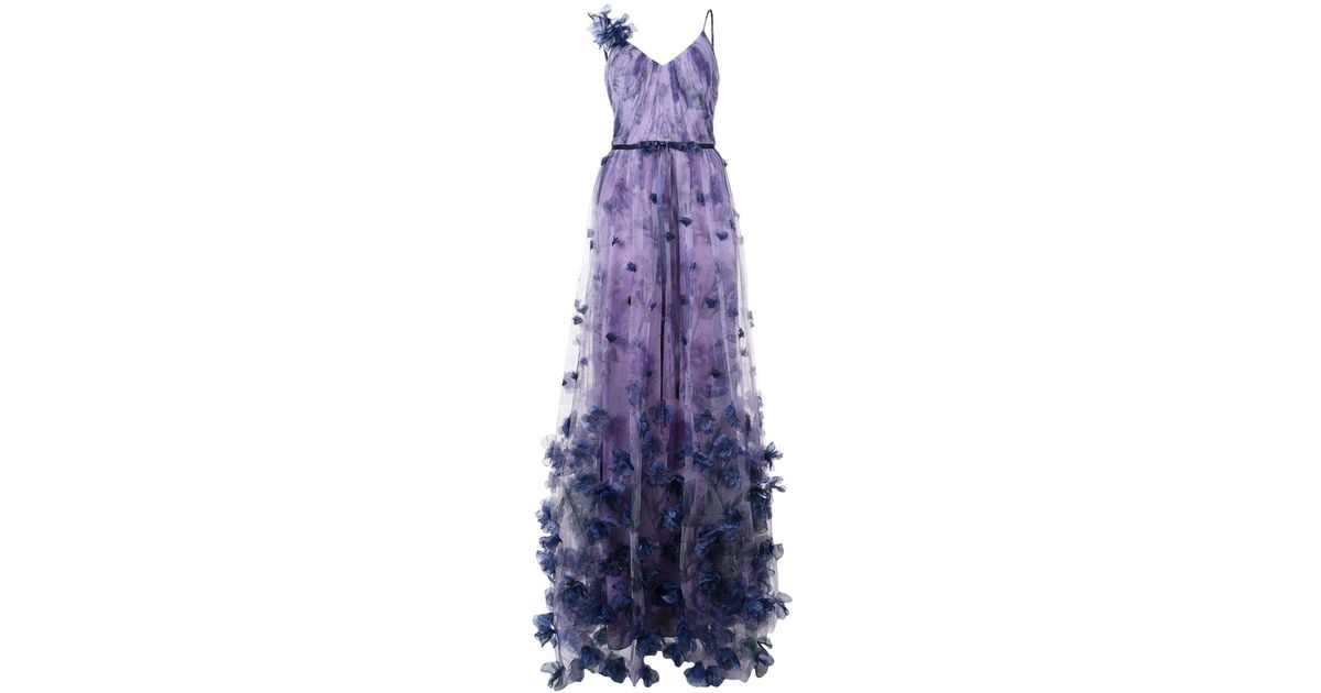open lace back dress Marchesa Notte Purple Beaded Pleats Spaghetti Strap Long Gown - BOPF