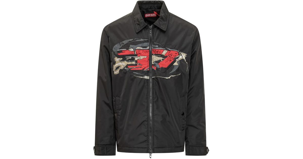 DIESEL Black Jacket With Embroidered Logo for Men | Lyst