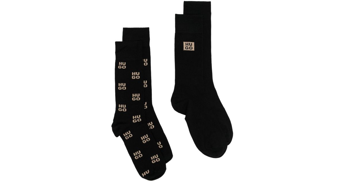 HUGO Intarsia-knit-logo Two-pack Socks in Black for Men