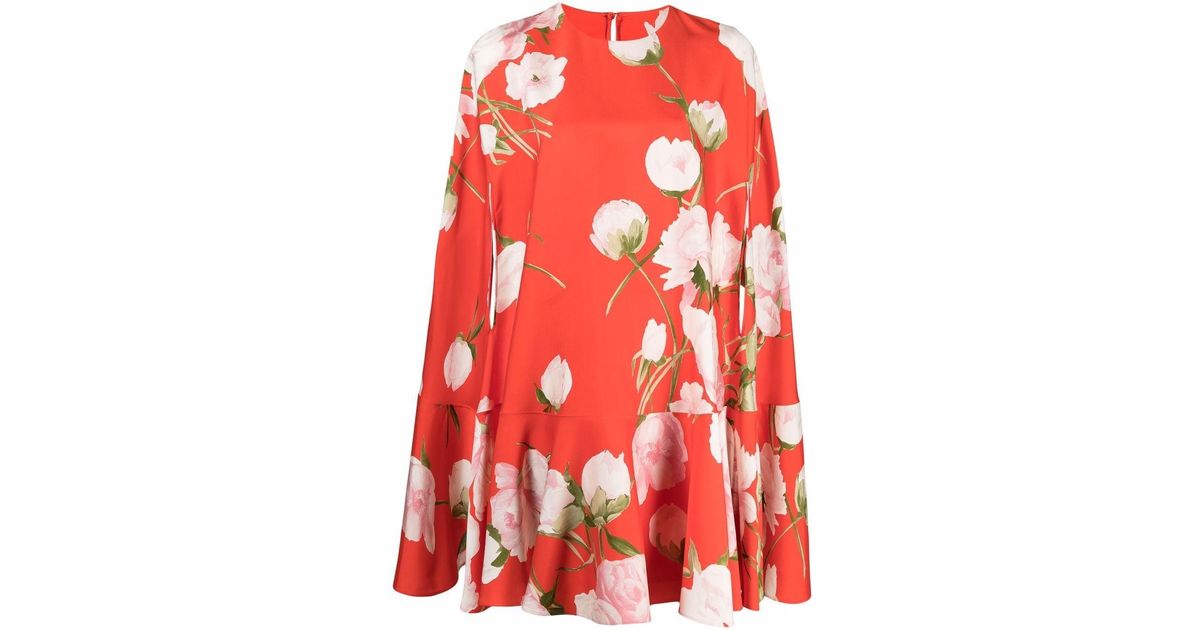 Valentino Floral-print Cape Dress in Red | Lyst