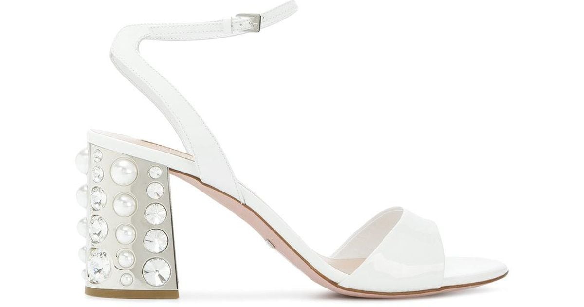 white embellished block heels