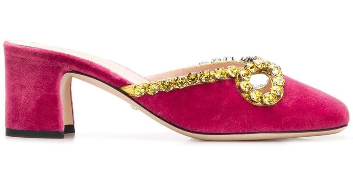 Gucci Velvet Jewel Embellished Mules in Pink - Lyst