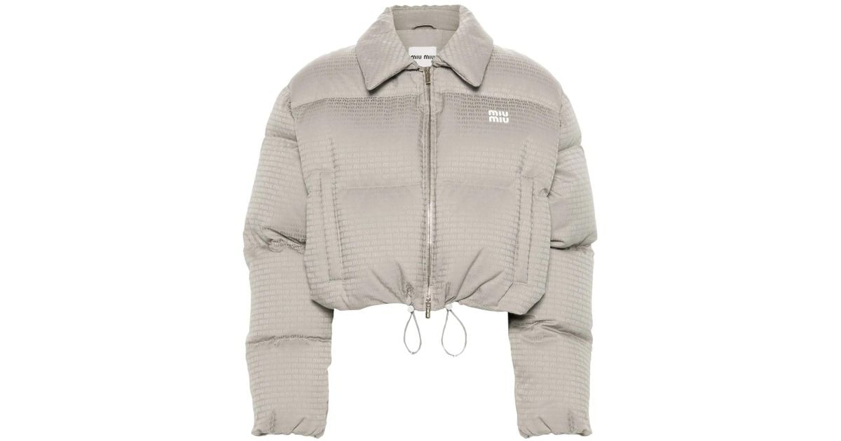 【Miu Miu】Collared Zip-Up Puffer Jacket Miu Miu Collared Zip-Up Puffer Jacket in Gray | Lyst