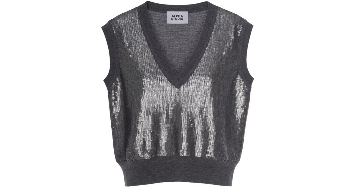 Alpha Studio Alpha Studio Sequin V-neck Sweater in Grey | Lyst UK