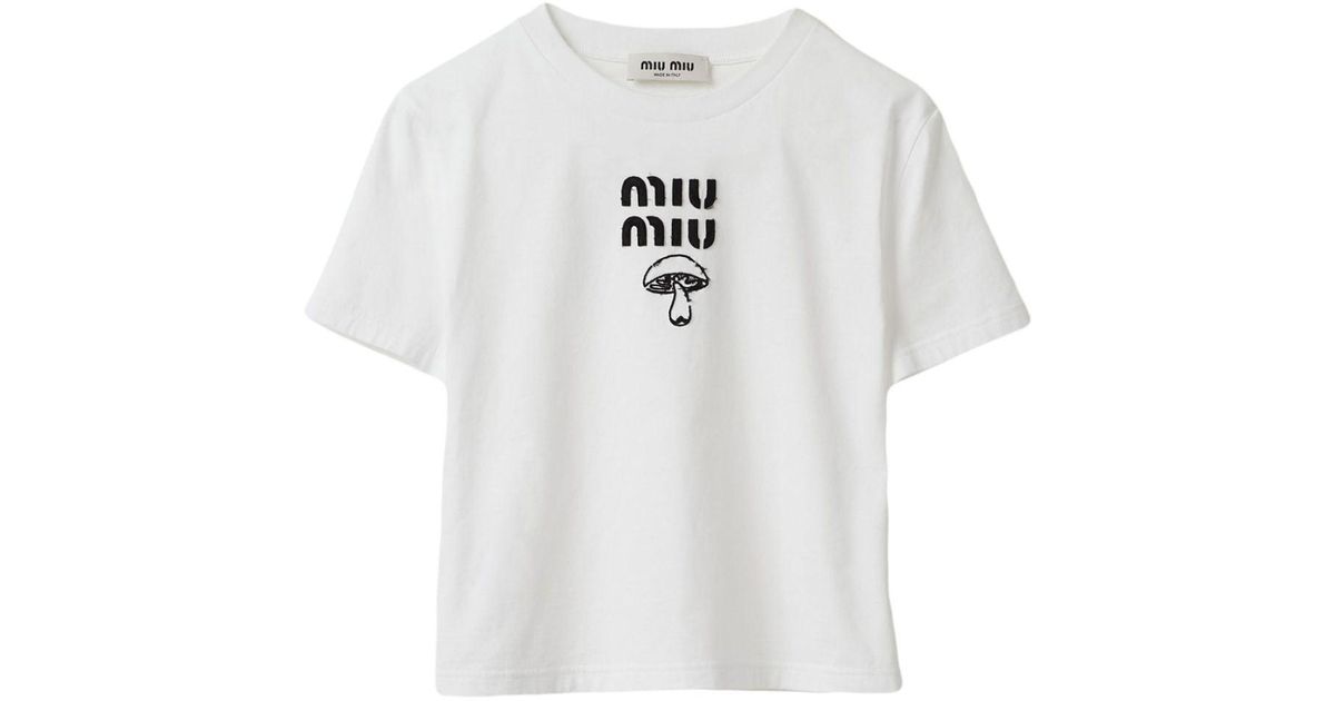 Miu Miu Mushroom-embroidered Cotton Logo T-shirt in White