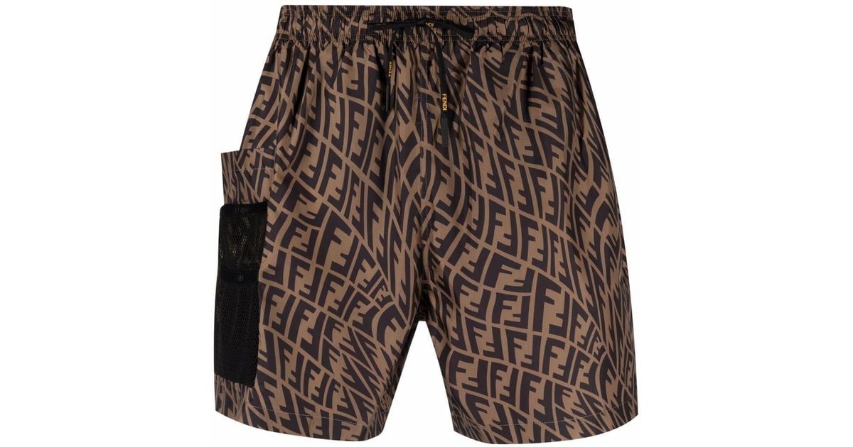 Fendi Cotton Ff Monogram Print Swim Shorts in Brown for Men - Lyst