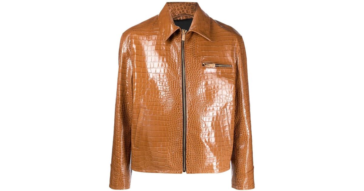 Versace Embossed Crocodileeffect Leather Jacket in Brown for Men Lyst
