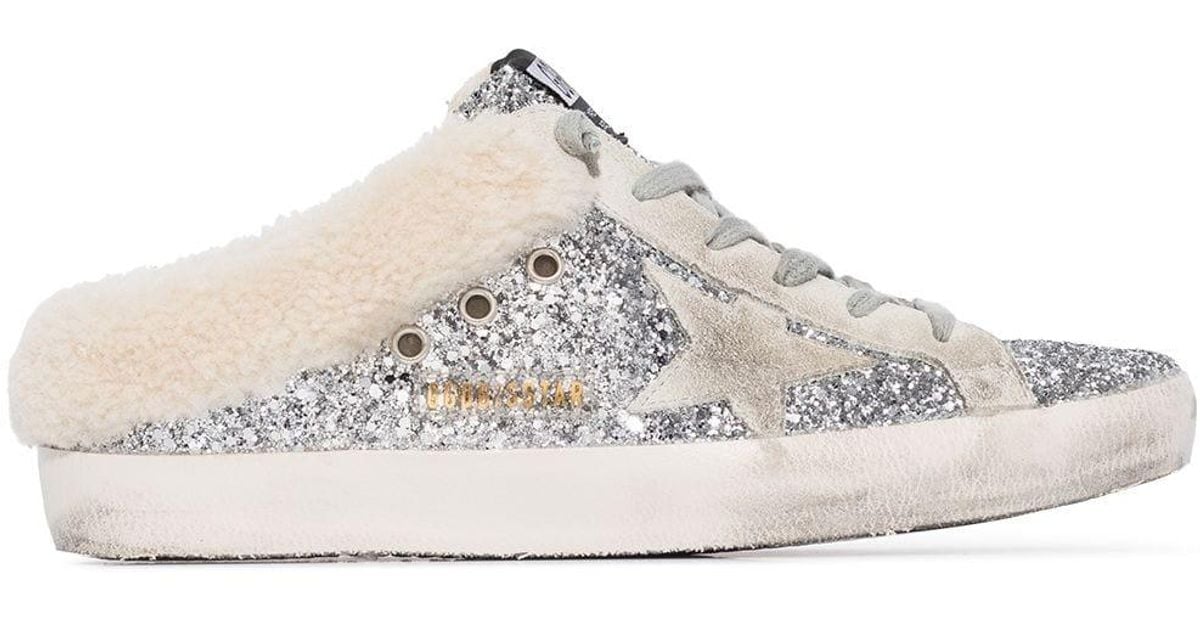 Golden Goose Leather Sabot Shearling And Glittered Slip-on Sneakers in  Metallic | Lyst