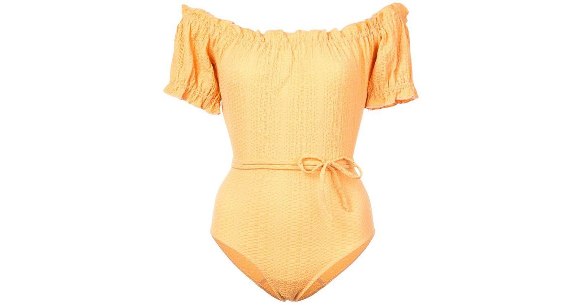 yellow off the shoulder swimsuit