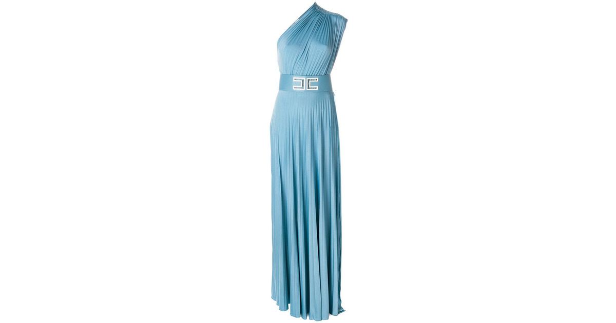 Elisabetta Franchi Cotton One Shoulder Pleated Dress in Blue - Lyst