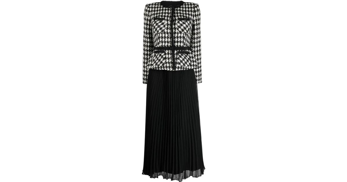 Self-Portrait Black Check Boucle Chiffon Midi Dress | Lyst