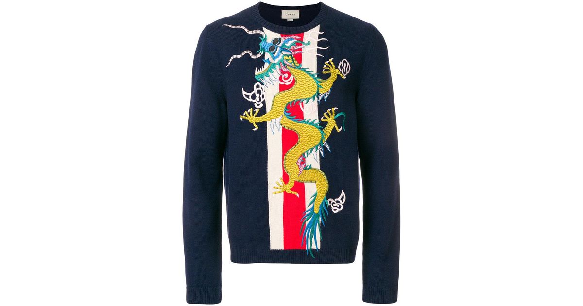Gucci Web Intarsia Sweater With Dragon Appliqué in Blue for Men | Lyst
