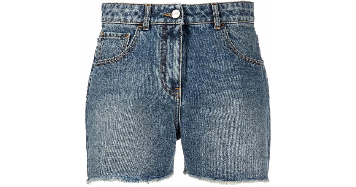 Palm Angels Palm Tree-Embroidered Frayed Denim Shorts in Blue | Lyst