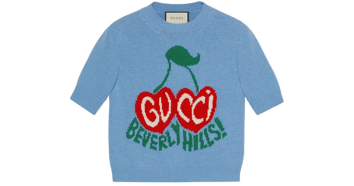 Gucci Beverly Hills Cherries Intarsia-knit Top in Blue | Lyst