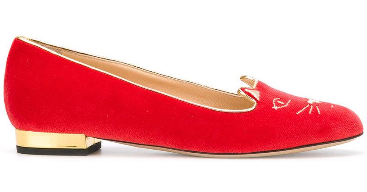 Charlotte Olympia Velvet Cat Face Ballerina Shoes in Red - Lyst