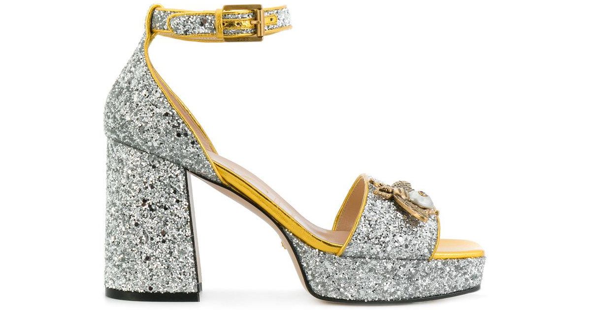 Gucci Leather Glitter Bee Sandals in 