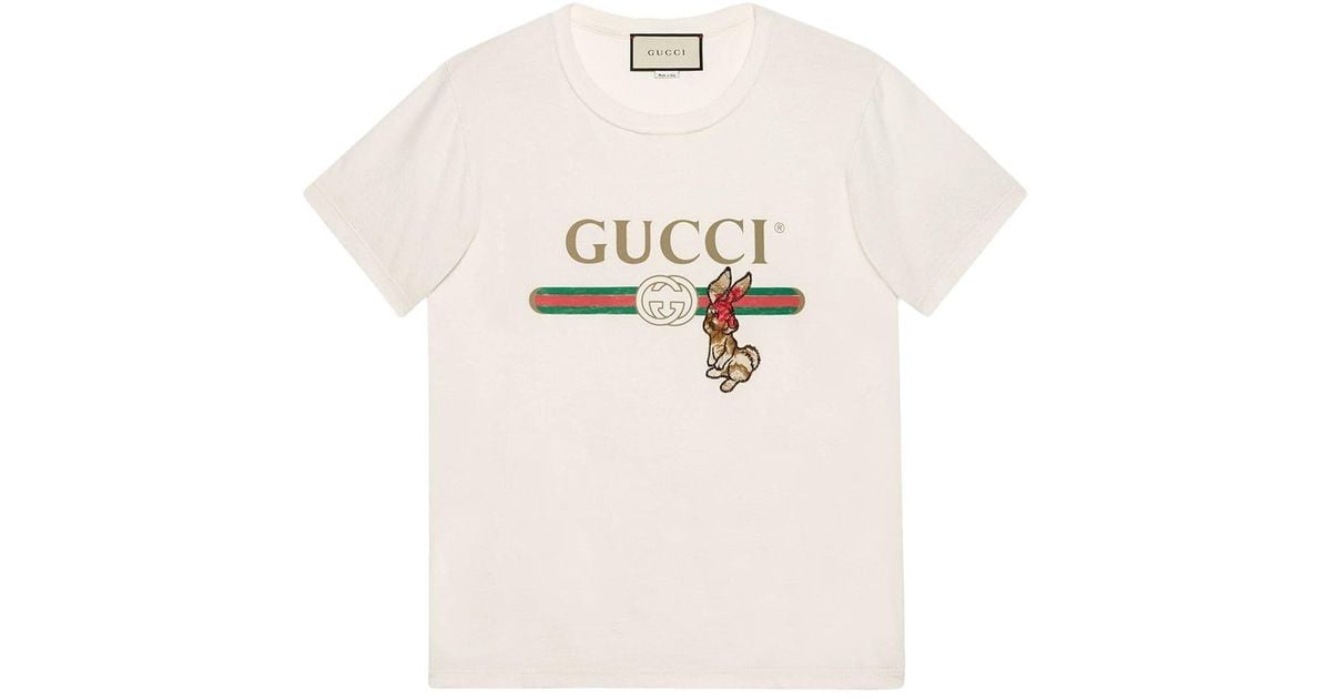 Gucci Logo T-shirt With Rabbit in White for Men | Lyst