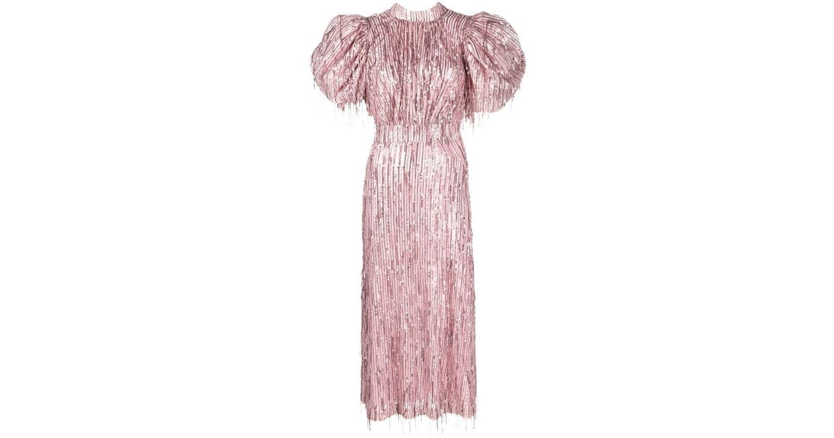 ROTATE BIRGER CHRISTENSEN Puffsleeve Sequin Fringed Dress in Pink