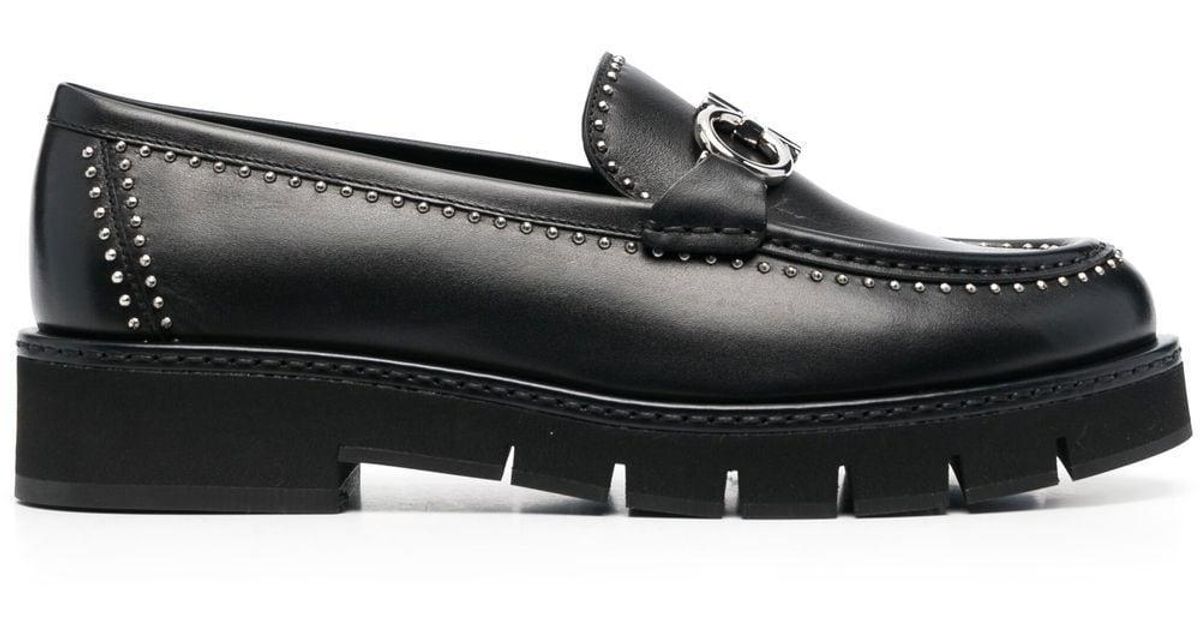 Ferragamo Rolo Lug Studded Leather Loafers in Black | Lyst